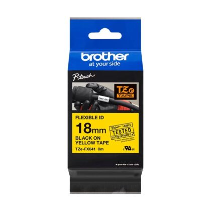 Fita Original Brother TZeFX641 Laminada Flexível Texto Preto em Fundo Amarelo 18mm x 8 metros