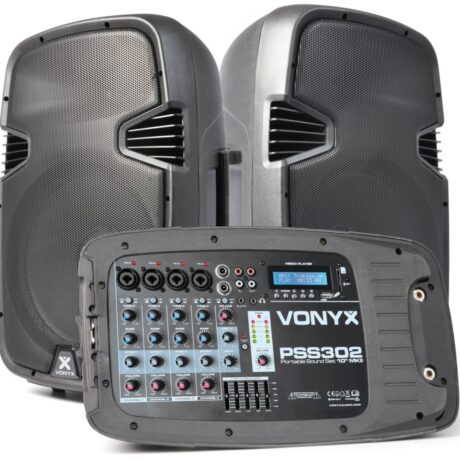 Sistema de Som Portátil 10 300W (Mesa Mistura + 2 Colunas + Tripés + Microfone) PSS302 - VONYX