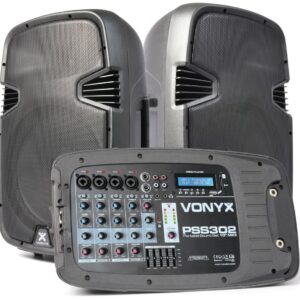 Sistema de Som Port?til 10 300W (Mesa Mistura + 2 Colunas + Trip?s + Microfone) PSS302 - VONYX