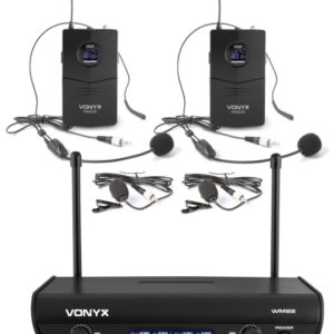 Central 2 Microfones Cabe?a/Lapela UHF 2 Canais s/ Fios (WM82B) - VONYX