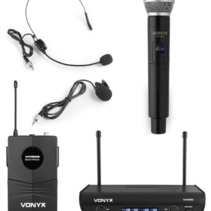 Central 2 Microfones UHF 2 Canais s/ Fios (Mão e Cabeça) WM82C - VONYX