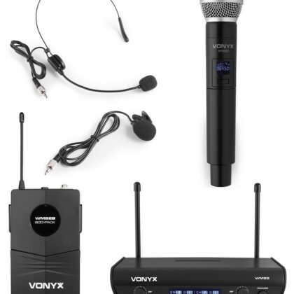 Central 2 Microfones UHF 2 Canais s/ Fios (Mão e Cabeça) WM82C - VONYX