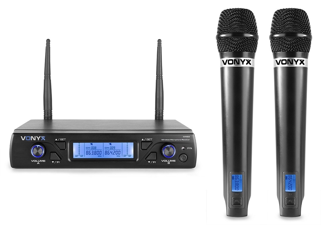 Central 2 Microfones Mão UHF 16 Canais s/ Fios (WM62) - VONYX