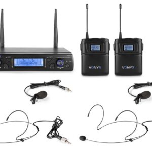 Central 2 Microfones Cabeça/Lapela UHF 16 Canais s/ Fios (WM62B) - VONYX