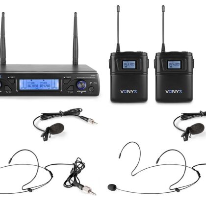 Central 2 Microfones Cabeça/Lapela UHF 16 Canais s/ Fios (WM62B) - VONYX