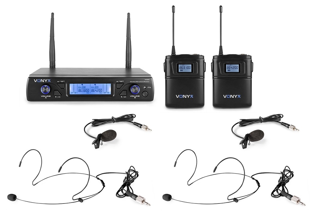 Central 2 Microfones Cabeça/Lapela UHF 16 Canais s/ Fios (WM62B) - VONYX