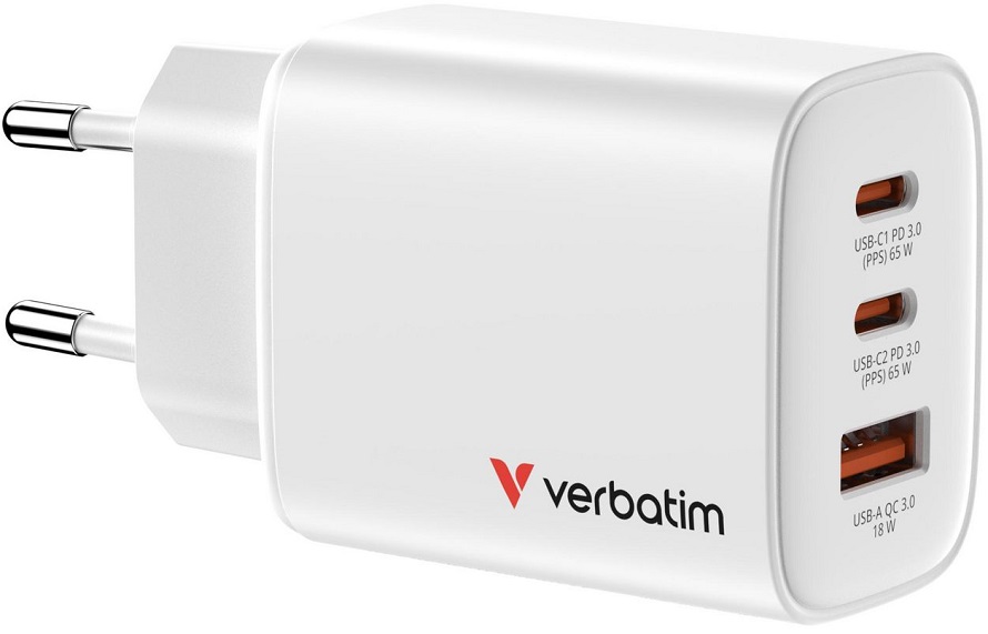 Carregador Universal Essentials 2x USB-C GaN 65W + 1x USB-A QC 3.0 - VERBATIM
