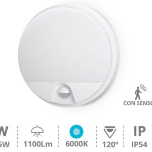 Candeeiro Interior/Exterior Redondo LED 15W 6000K 1300Lm c/ Sensor Movimento PIR (IP54) - GSC