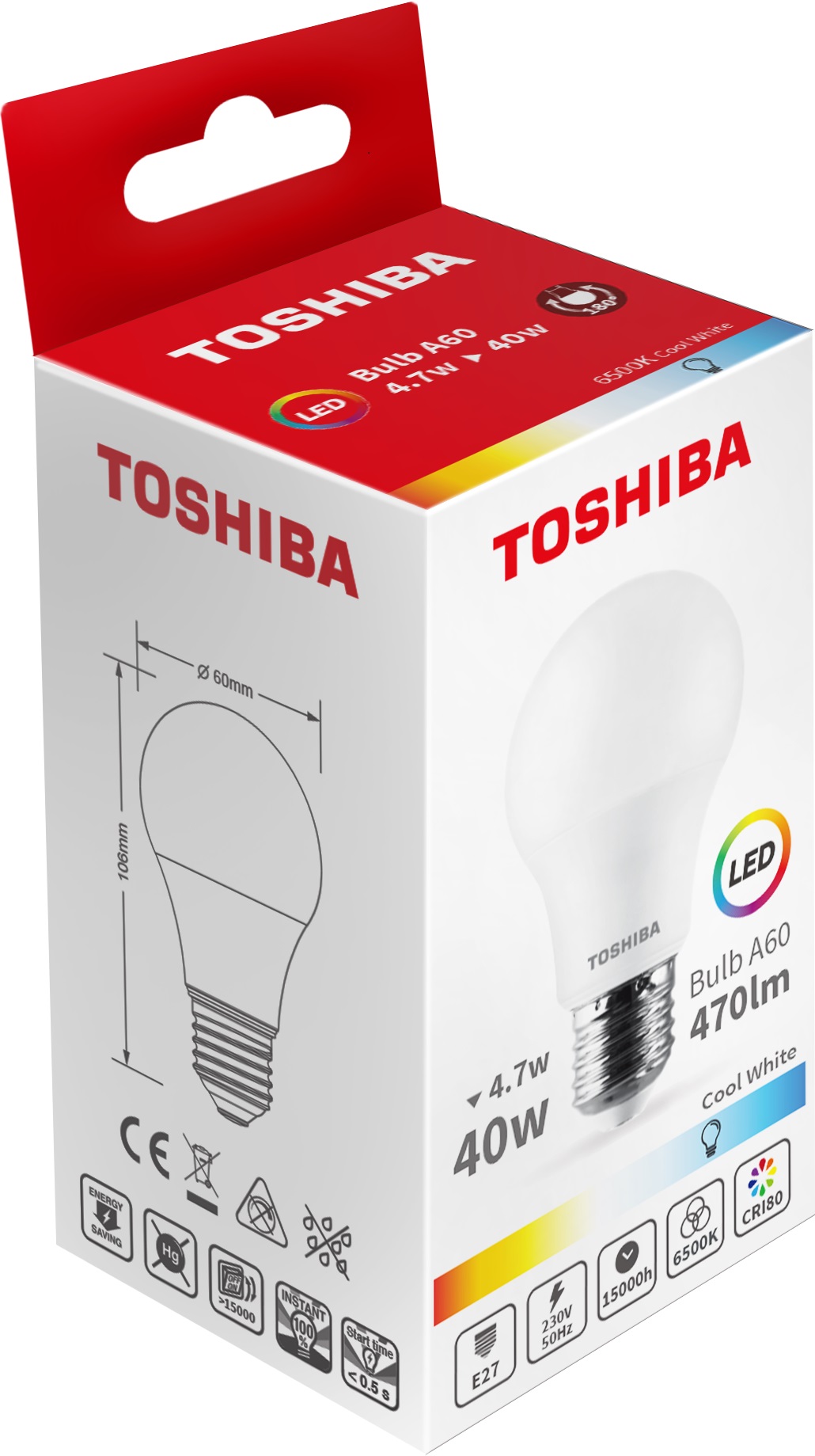 Lâmpada LED E27 A60 4,7W 6500K 470Lm - TOSHIBA