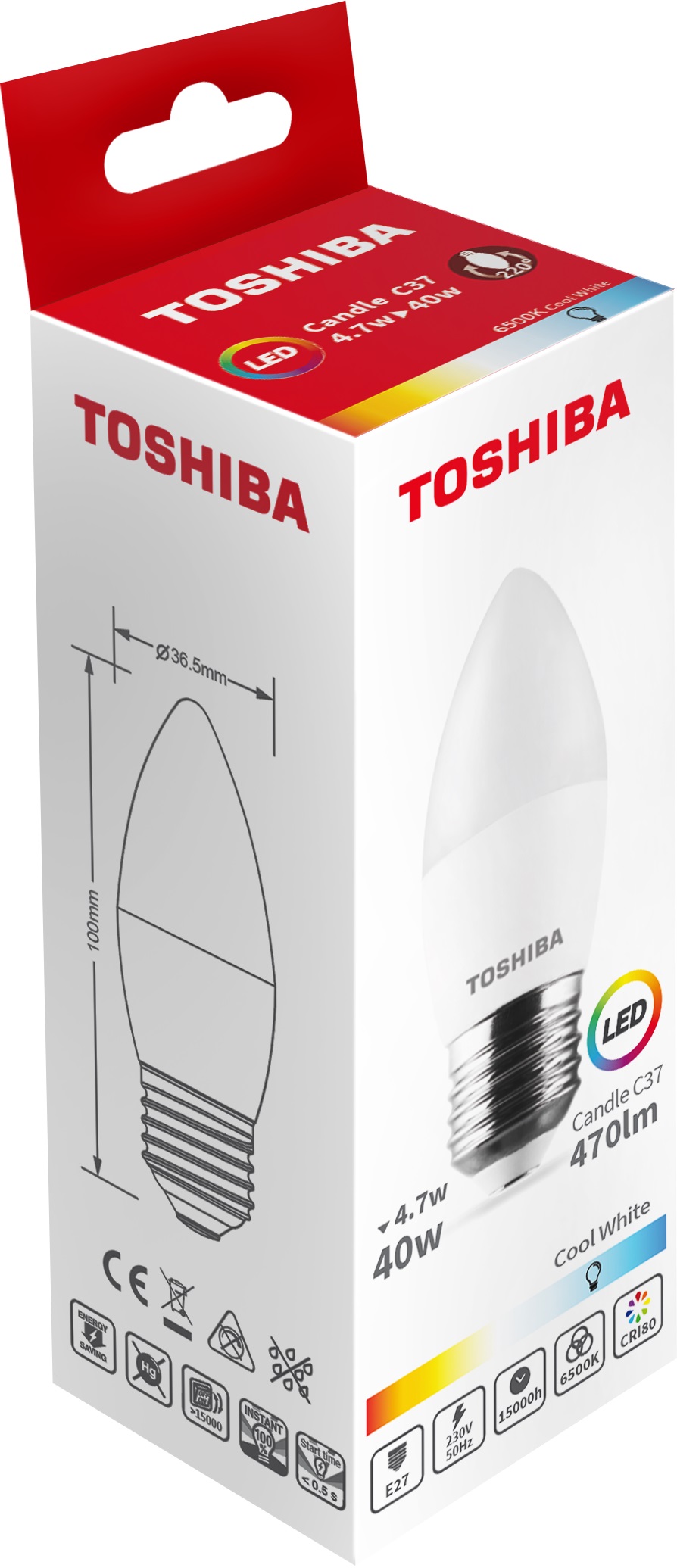 Lâmpada LED E27 C37 4,7W 6500K 470Lm - TOSHIBA