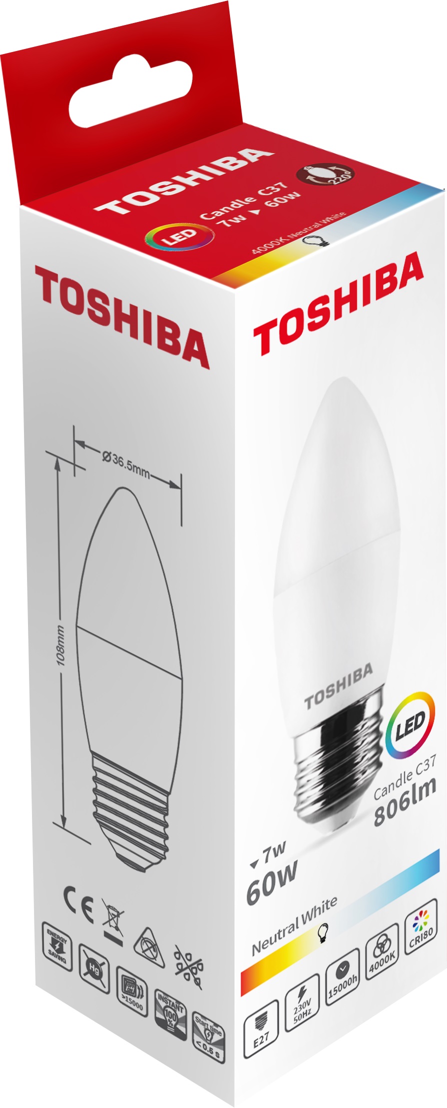 Lâmpada LED E27 C37 7W 4000K 806Lm - TOSHIBA