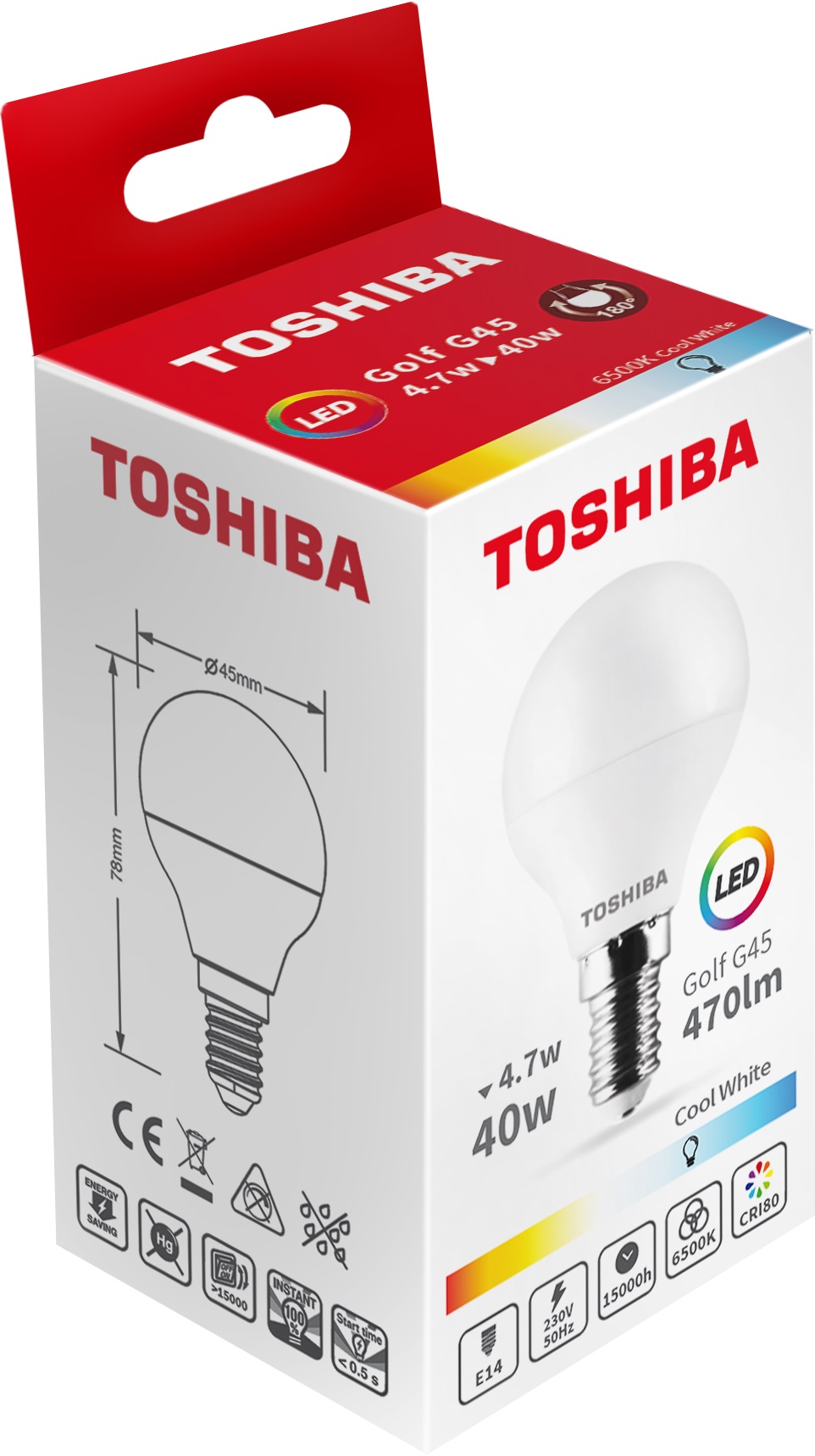 Lâmpada LED E14 G45 4,7W 6500K 470Lm - TOSHIBA