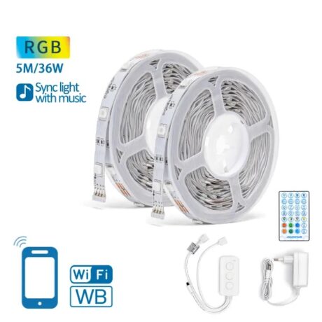 Pack 2x Fitas LEDs Smart RGB Wi-Fi 12V (2x 5 mts) + Controlador + Fonte Alimentação