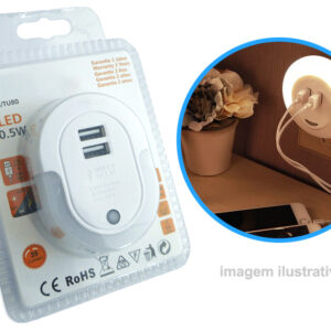 Tomada c/ 2 Sa?das USB + Luz Presen?a LED 0,5W 35Lm + Sensor Crepuscular Dia/Noite