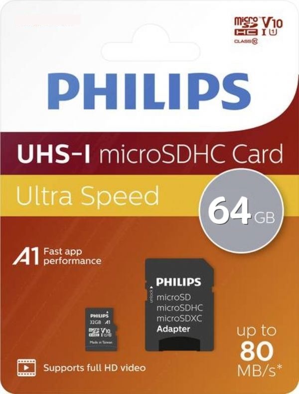 Cartão de Memória 64GB MicroSDHC Class 10 + Adaptador - PHILIPS