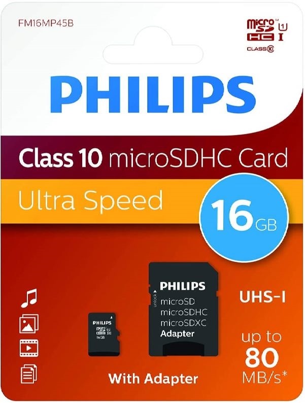 Cartão de Memória 16GB microSDHC Class 10 + Adaptador - PHILIPS
