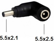 Ficha Adaptadora 90º DC 5,5 x 2,1 Macho - 5,5 x 2,5 Femea