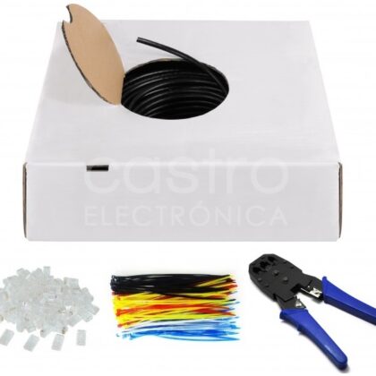 Bobine 100 mts Cabo UTP CAT6 c/ Acessórios (100 Fichas RJ45, Abraçadeiras Fivela e Alicate Cravar)