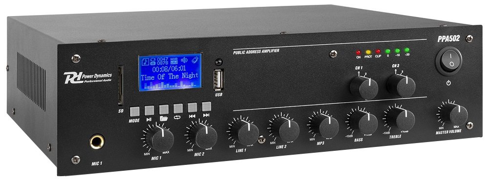 Amplificador de Linha 100V 50W 2 Zonas MP3/USB/SD/BLUETOOTH 12/220V (PPA502) - POWER DYNAMICS