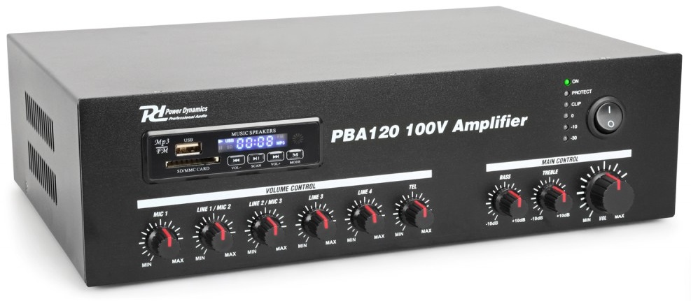 Amplificador PA 120W RMS (100V) com MP3 USB/SD/BLUETOOTH (PBA120) - Power Dynamics
