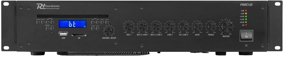 Amplificador c/ Leitor CD MP3/USB/SD/BLUETOOTH 100V e 8 Ohm 120W 5 Canais (PRC120) - Power Dynamics