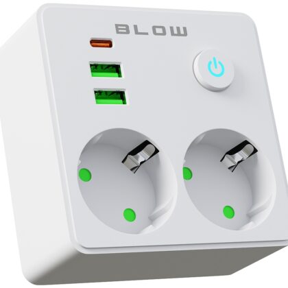 Tomada Dupla c/ 2x Portas USB + Porta USB-C + Interruptor (Branco) - BLOW