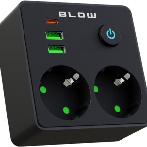 Tomada Dupla c/ 2 Portas USB + Porta USB-C + Interruptor (Preto) - BLOW