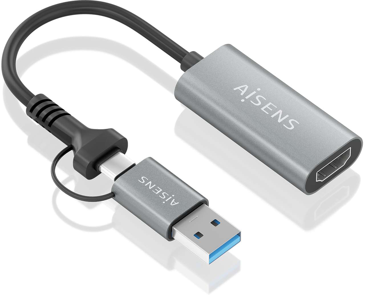 Conversor USB-A+USB-C - HDMI Cinza (15cm) - AISENS