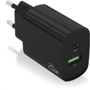 Carregador 20W 1x USB-C PD3.0 1x USB-A QC3.0 (Preto) - AISENS