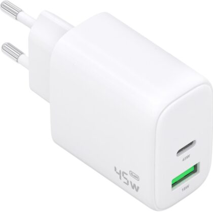 Carregador GaN 45W 1x USB-C PD3.0 QC4.0 + 1x USB-A QC3.0 (Branco) - AISENS