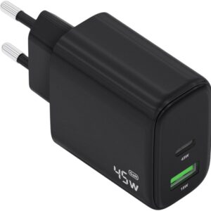 Carregador GaN 45W 1x USB-C PD3.0 QC4.0 + 1x USB-A QC3.0 (Preto) - AISENS