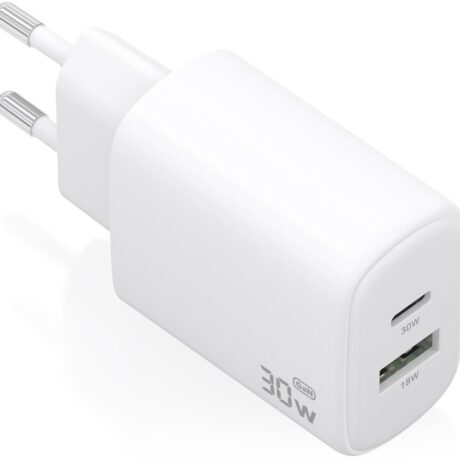 Carregador GaN 30W 1x USB-C PD3.0 QC4.0 + 1x USB-A QC3.0 (Branco) - AISENS