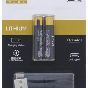 Blister 2x Pilhas Lithium AAA (R3) 600mWh c/ Carregamento USB-C - WELL