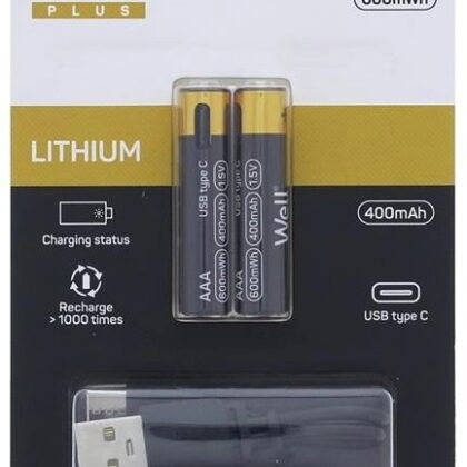 Blister 2x Pilhas Lithium AAA (R3) 600mWh c/ Carregamento USB-C - WELL