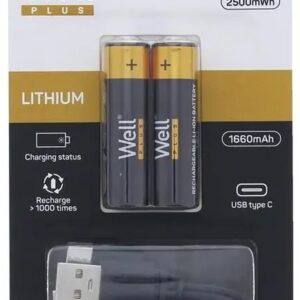 Blister 2x Pilhas AA (R6) 1.5V 2500mWh c/ Carregamento USB-C - WELL