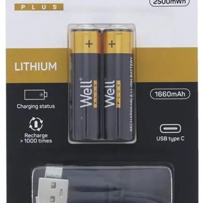 Blister 2x Pilhas AA (R6) 1.5V 2500mWh c/ Carregamento USB-C - WELL