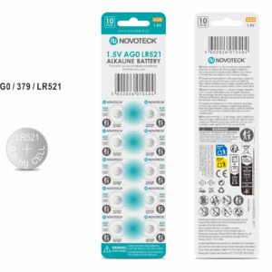 Pack 10 Pilhas Botão NOVOTECK AG0 / LR521 / 379, 1.5V Alcalinas, para Relógios, Calculadoras e Pequenos Dispositivos