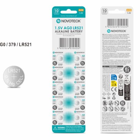 Pack 10 Pilhas Botão NOVOTECK AG0 / LR521 / 379, 1.5V Alcalinas, para Relógios, Calculadoras e Pequenos Dispositivos