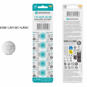 Pack 10 Pilhas Botão NOVOTECK AG10 / LR1130 / 389 / 390, 1.5V Alcalinas, para Relógios, Calculadoras e Pequenos Dispositivos