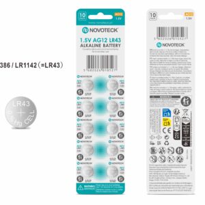 Pack 10 Pilhas Botão NOVOTECK AG12 / LR43 / LR1142 / 386, 1.5V Alcalinas, para Relógios, Calculadoras e Pequenos Dispositivos