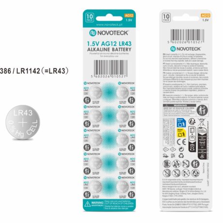 Pack 10 Pilhas Botão NOVOTECK AG12 / LR43 / LR1142 / 386, 1.5V Alcalinas, para Relógios, Calculadoras e Pequenos Dispositivos