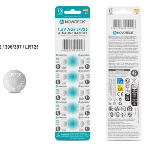 Pack 10 Pilhas Botão NOVOTECK AG2 / LR726 / 396 / 397, 1.5V Alcalinas, para Relógios, Calculadoras e Pequenos Dispositivos