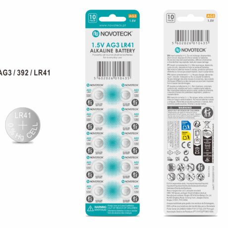 Pack 10 Pilhas Botão NOVOTECK AG3 / LR41 / 392, 1.5V Alcalinas, para Relógios, Calculadoras e Pequenos Dispositivos