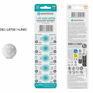 Pack 10 Pilhas Botão NOVOTECK AG5 / LR754 / 393, 1.5V Alcalinas, para Relógios, Calculadoras e Pequenos Dispositivos
