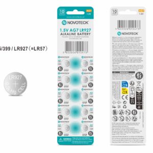Pack 10 Pilhas Botão NOVOTECK AG7 / LR927 / 395 / 399, 1.5V Alcalinas, para Relógios, Calculadoras e Pequenos Dispositivos