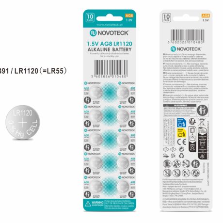 Pack 10 Pilhas Botão NOVOTECK AG8 / LR1120 / 391, 1.5V Alcalinas, para Relógios, Calculadoras e Pequenos Dispositivos