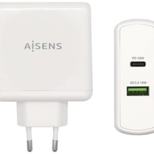 Carregador USB-C PD3.0 30W + USB-A QC3.0 18W (Branco) - AISENS
