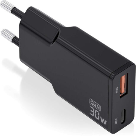 Carregador GaN Slim 30W 1x USB-C PD3.0 QC4.0 1x USB-A QC3.0 (Preto) - AISENS