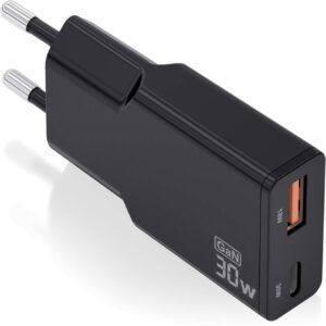 Carregador GaN Slim 30W 1x USB-C PD3.0 QC4.0 1x USB-A QC3.0 (Preto) - AISENS