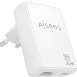 Carregador GaN 30W 1x USB-C PD3.0 QC4.0 + 1x USB-A QC3.0 (Branco) - AISENS